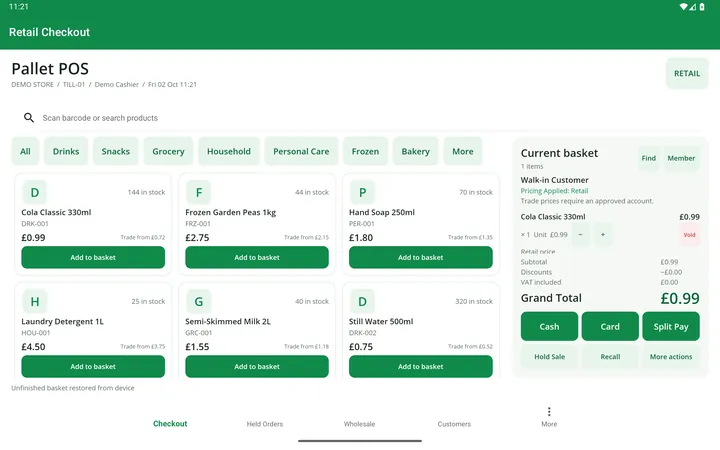 PalletPOS retail checkout with product grid, stock counts and current basket