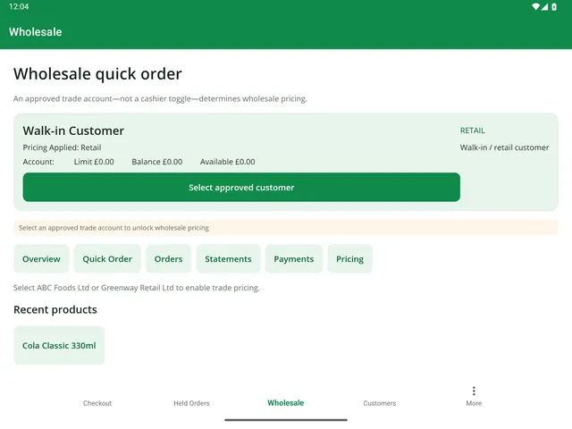 PalletPOS wholesale quick order: account credit limit, balance and available credit, with a prompt to select an approved trade customer